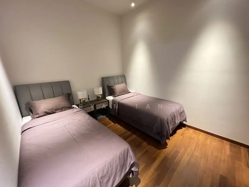 Bedroom features: two single beds with upholstered headboards, purple bedding, two bedside tables, two table lamps, wooden flooring, white painted walls, recessed lighting; style: modern.