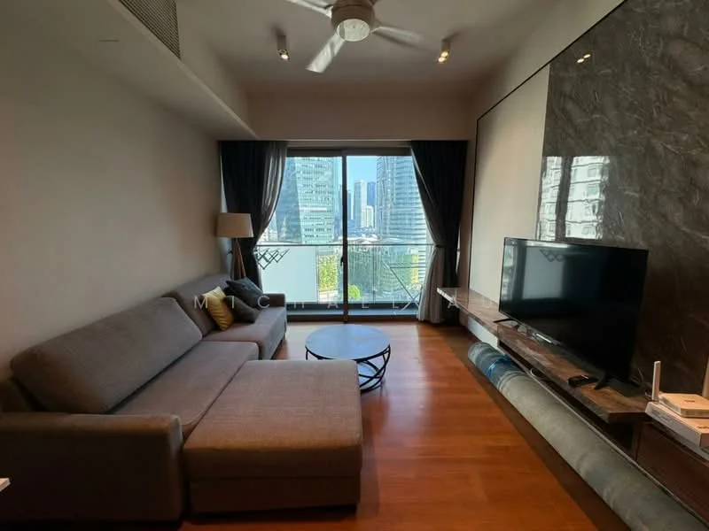 Living features: 3-seater fabric sofa in grey, coffee table, wall-mounted TV, TV console, floor-to-ceiling windows, curtains, wooden flooring, ceiling fan with light, decorative wall panel, city view; style: modern; view: city.