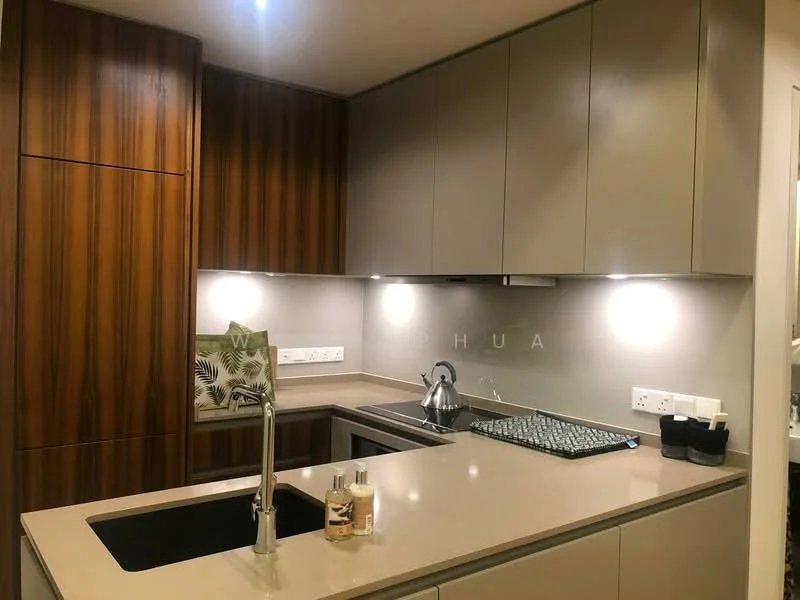 Kitchen features: single-bowl stainless-steel sink, chrome pull-down faucet, quartz countertop, wood cabinetry with dark finish, light grey cabinetry, built-in oven, stainless-steel kettle, decorative tray with candles, under-cabinet lighting, wall-mounted electrical outlets, glass backsplash, open shelving; style: modern.
