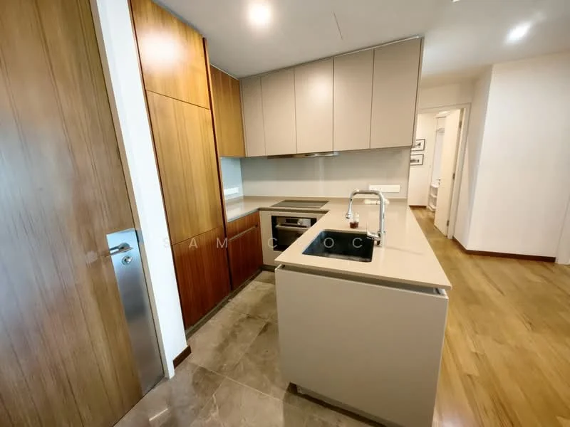 Kitchen features: grey cabinetry, wood panelled cabinetry, quartz countertop, single-bowl stainless-steel sink, chrome pull-down faucet, built-in oven, stainless-steel range hood, 4-burner gas hob, marble tile flooring, recessed downlights; style: modern.