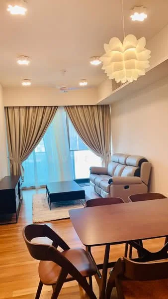 Living features: 3-seater leather sofa in grey, coffee table, TV console, wall-mounted TV, area rug, 5-blade ceiling fan with light, floor-to-ceiling windows, sheer curtains, wooden flooring, decorative wall, dining table with chairs; style: modern.