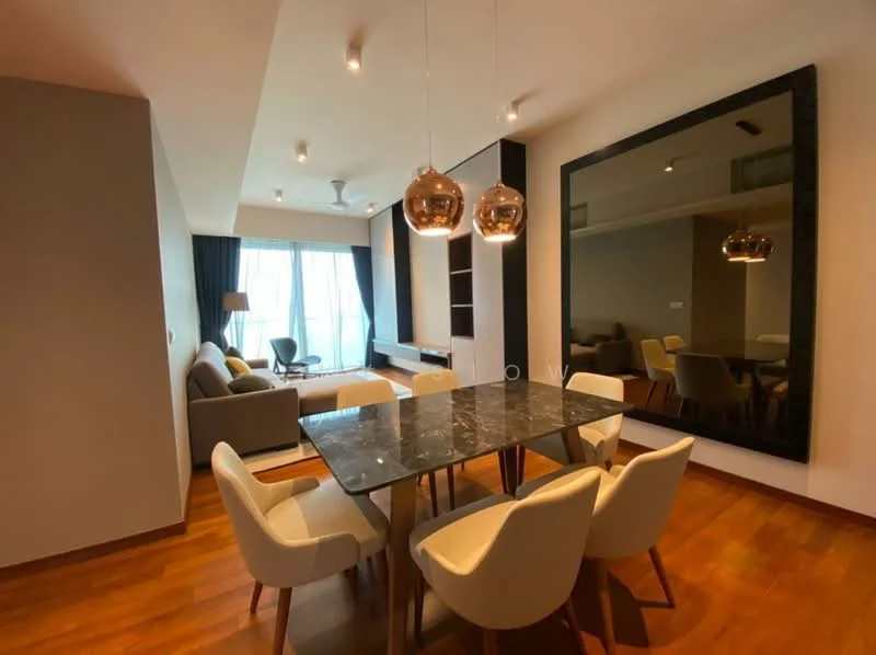 Dining features: 6-seater dining table with marble top, upholstered dining chairs, pendant lamps, wooden flooring, large mirror on wall, floor-to-ceiling windows, curtains, ceiling fan with light, built-in shelving unit, sofa in background, decorative wall panel; style: modern; view: city.