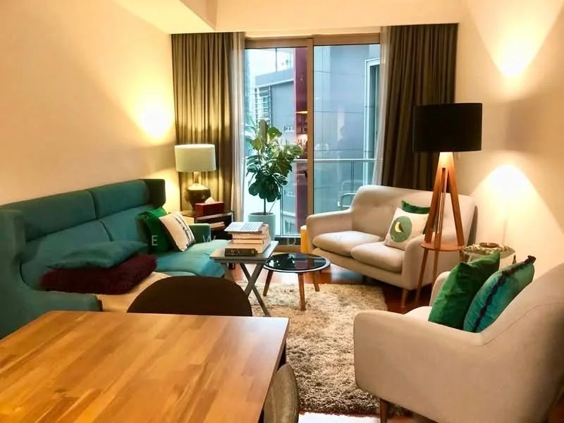 Living features: L-shaped teal fabric sofa, white armchair, wooden coffee table, area rug, floor-to-ceiling windows, curtains, indoor plant, table lamp, standing lamp, decorative cushions, wooden dining table, wooden flooring; style: modern; view: city.