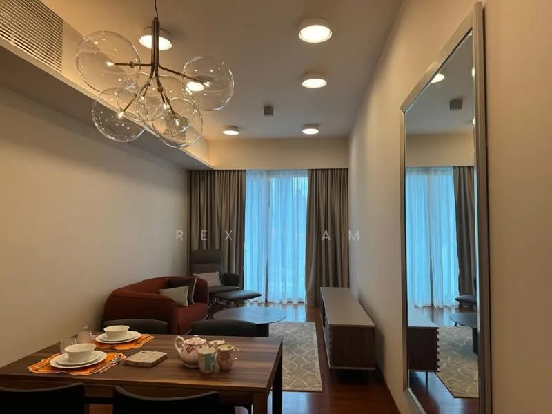 Living features: 3-seater fabric sofa in brown, accent chair, coffee table, TV console, wall-mounted TV, area rug with geometric pattern, floor-to-ceiling windows, sheer curtains, recessed downlights, chandelier with multiple bulbs, wooden flooring, decorative mirror; style: modern.