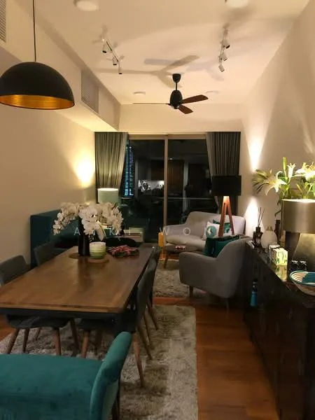 Living features: 5-blade ceiling fan, recessed downlights, pendant light, floor-to-ceiling windows, grey curtains, wooden dining table, upholstered dining chairs in teal, area rug, decorative plants, sideboard with decorative items, wall-mounted artwork, sofa in light grey, coffee table, decorative vase with flowers; style: modern; view: city.