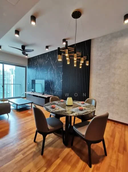 Dining features: round dining table with marble top, upholstered dining chairs, chandelier with multiple pendant lights, wooden flooring, black accent wall with vertical slats, light grey textured wall, floor-to-ceiling windows, TV console, sofa in living area; style: modern; view: city.