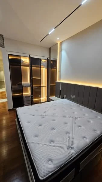 Bedroom features: king-size bed with mattress, upholstered headboard, built-in wardrobe with glass doors, wood flooring, recessed LED downlights, wall-mounted lighting, neutral wall colour, decorative wall paneling; style: modern.