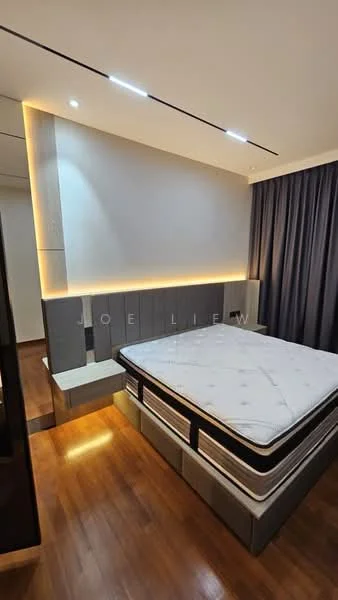 Bedroom features: wooden flooring, grey upholstered headboard, built-in bedside ledges, recessed LED lighting, dark curtains, wall-mounted lighting, platform bed frame, mattress on bed frame; style: modern.