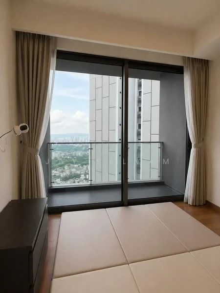 Room features: floor-to-ceiling sliding glass door, balcony with glass railing, curtains, wooden flooring, neutral painted walls, minimalist decor, view of city skyline; style: modern; view: city.