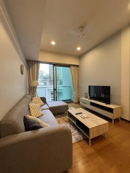 Living features: 3-seater fabric sofa in grey, coffee table, TV console, wall-mounted TV, area rug, floor-to-ceiling windows, curtains, ceiling fan, wooden flooring, light-colored walls, decorative cushions; style: modern; view: garden.
