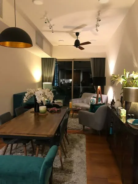 Living features: wooden flooring, cream painted walls, 5-blade ceiling fan with light, recessed downlights, large floor-to-ceiling windows, grey fabric sofa, 2 grey armchairs, wooden dining table, 6 upholstered dining chairs in teal, area rug with geometric pattern, decorative plants, wall-mounted artwork, sideboard with decorative items, table lamp, vase with flowers; style: modern; view: city.