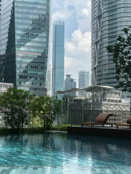 Exterior type: swimming pool deck; features: infinity pool, pool deck with loungers, surrounded by greenery, glass curtain wall buildings, urban skyline view, tropical landscaping; style: modern.