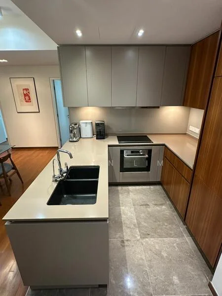 Kitchen features: grey cabinetry, wood cabinetry, marble countertop, single-bowl black sink, chrome pull-down faucet, built-in oven, induction cooktop, stainless-steel coffee machine, stainless-steel kettle, recessed downlights, tile flooring, open shelving; style: modern.
