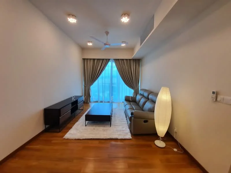 Living features: 3-seater leather sofa in grey, coffee table, TV console, wall-mounted TV, area rug with geometric pattern, 5-blade ceiling fan, recessed downlights, floor-to-ceiling windows, sheer curtains, wooden flooring, decorative lamp, wall-mounted remote control; style: modern.