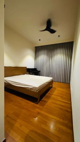 Bedroom features: wooden flooring, white painted walls, 5-blade ceiling fan, black curtains, queen-size bed frame without mattress, desk, recessed downlights; style: modern.
