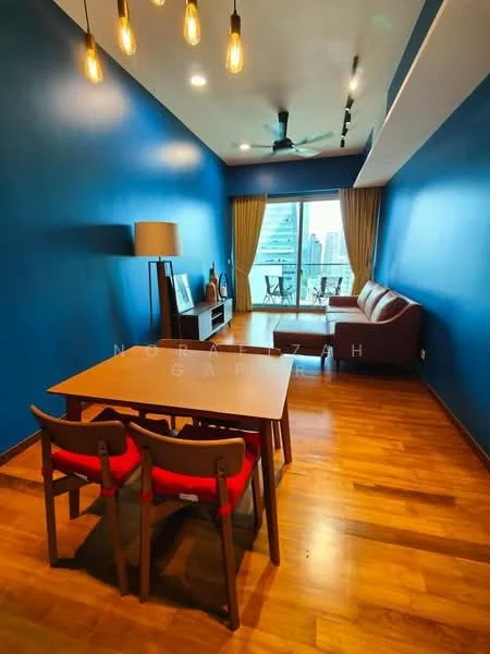 Living features: blue painted walls, wooden flooring, 5-blade ceiling fan, sofa in light color, coffee table, TV console, floor-to-ceiling windows, curtains, dining table with 4 chairs, decorative lamp; style: modern; view: city.