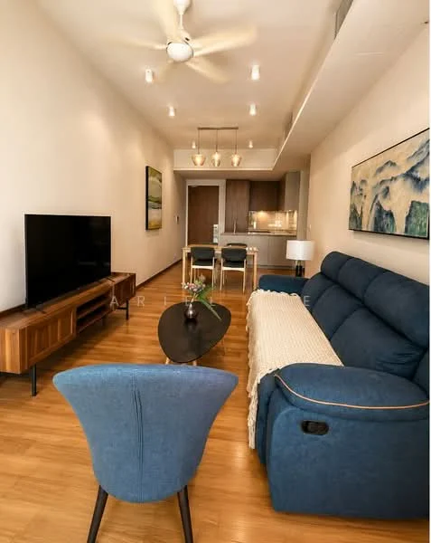 Living features: 3-seater fabric sofa in blue, wooden coffee table, TV console, wall-mounted TV, ceiling fan with light, recessed downlights, wooden flooring, decorative wall art; style: modern. Kitchen features: kitchen island, stainless-steel sink, built-in cabinetry, refrigerator, stainless-steel appliances; style: modern.