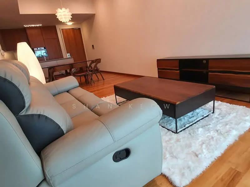 Living features: 3-seater leather sofa in light grey, coffee table with wooden top and metal legs, area rug with fluffy texture, wooden flooring, wall-mounted TV console, decorative floor lamp, pendant light fixture, open layout to dining area; style: modern.