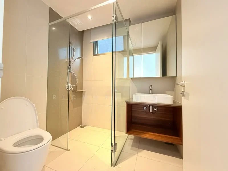 Bathroom features: walk-in shower with glass enclosure, rain shower head, handheld shower, single-sink vanity with wood cabinet, chrome basin mixer, framed mirror, one-piece toilet, tile flooring, light-colored wall tiles, window for natural light, recessed downlights; style: modern.