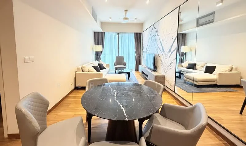 Living features: light wood flooring, floor-to-ceiling windows, sofa in cream fabric, coffee table with marble top, TV console, wall-mounted TV, area rug with geometric pattern, ceiling fan with light, decorative mirror, decorative wall art; style: modern; view: city. Dining features: round dining table with marble top, 4 upholstered dining chairs, decorative centerpiece; style: modern.