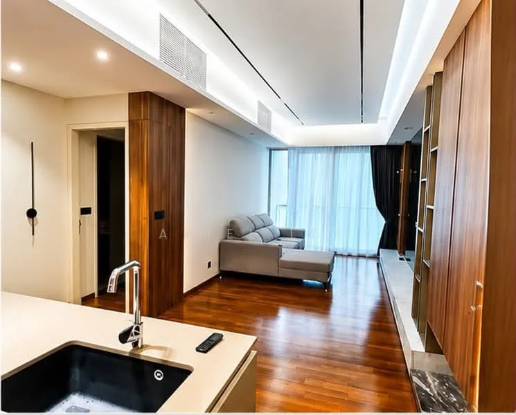 Living features: grey fabric sofa, wooden flooring, floor-to-ceiling windows, sheer curtains, recessed downlights, built-in shelving, wood paneling, marble accent wall; style: modern; view: city. Kitchen features: single-bowl stainless-steel sink, chrome pull-down faucet, kitchen island, light-colored cabinetry, black countertop, built-in appliances; style: modern.