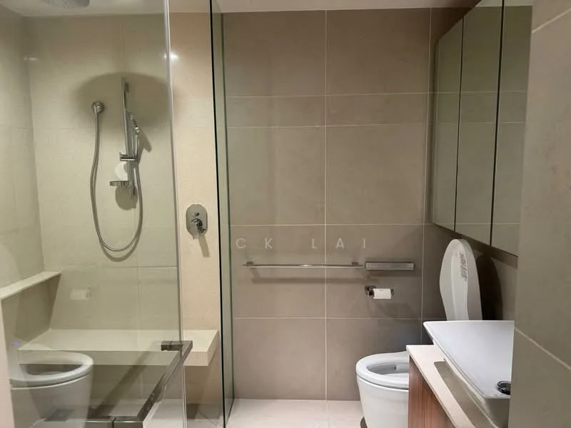 Bathroom features: walk-in shower with glass enclosure, rain shower head, handheld shower, single-sink vanity with wood cabinet, chrome basin mixer, toilet, wall-mounted mirror, tile cladding on walls, ceramic tile flooring, grab bar, built-in cabinets, recessed lighting; style: modern.