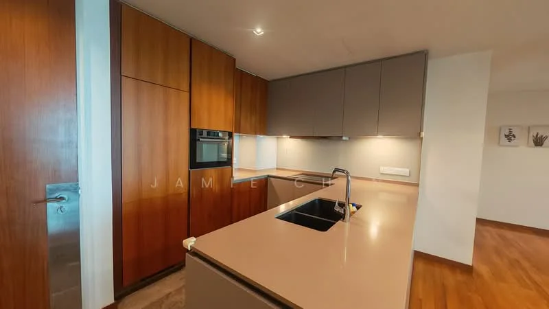 Kitchen features: brown wooden cabinetry, grey upper cabinets, stainless-steel built-in oven, single-bowl stainless-steel sink, chrome pull-down faucet, quartz countertop, recessed LED downlights, wooden flooring, white walls; style: modern.