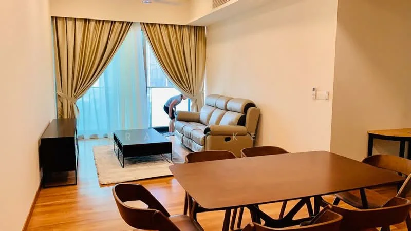 Living features: 3-seater leather sofa in light grey, coffee table, TV console, wall-mounted TV, area rug with neutral color, floor-to-ceiling windows, sheer curtains, wooden flooring, recessed downlights, decorative wall, open layout, dining table with chairs; style: modern.