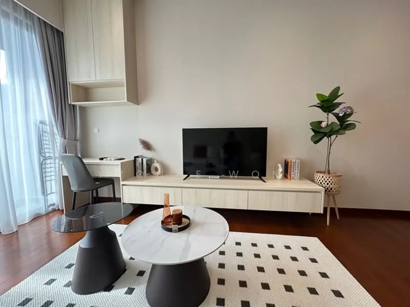 Living features: light wood cabinetry, wall-mounted TV, white media console, black coffee table with marble top, 2 black pedestal bases, area rug with geometric pattern, floor-to-ceiling windows with sheer curtains, decorative plant in woven basket, desk with chair, wooden flooring; style: modern.