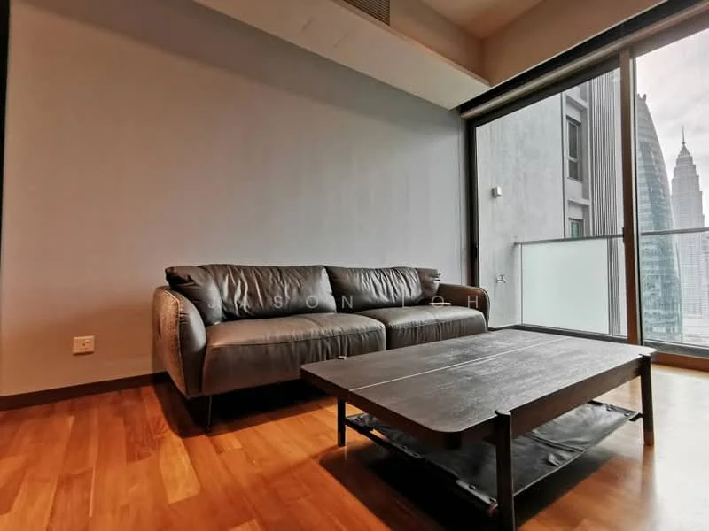 Living features: 3-seater fabric sofa in grey, wood coffee table, laminate flooring, floor-to-ceiling windows, city skyline view, light grey painted walls, recessed downlights, curtains; style: modern; view: city.