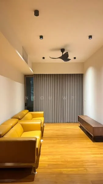 Living features: 3-seater leather sofa in mustard yellow, wooden TV console, wooden flooring, recessed downlights, 5-blade ceiling fan, floor-to-ceiling windows, sheer curtains, vertical blinds, neutral painted walls; style: modern; view: city.