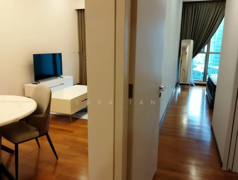 Living features: wooden flooring, white painted walls, floor-to-ceiling windows, curtains, wall-mounted TV, TV console, round dining table, upholstered dining chairs; style: modern; view: city. Bedroom features: wooden flooring, white painted walls, floor-to-ceiling windows, curtains, queen-size bed; style: modern; view: city.