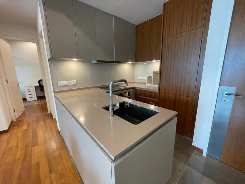 Kitchen features: single-bowl stainless-steel sink, chrome pull-down faucet, grey laminate cabinetry, wood veneer cabinetry, quartz countertop, under-cabinet lighting, built-in oven, ceramic tile flooring, recessed downlights, open shelving, modern design, island counter; style: modern.