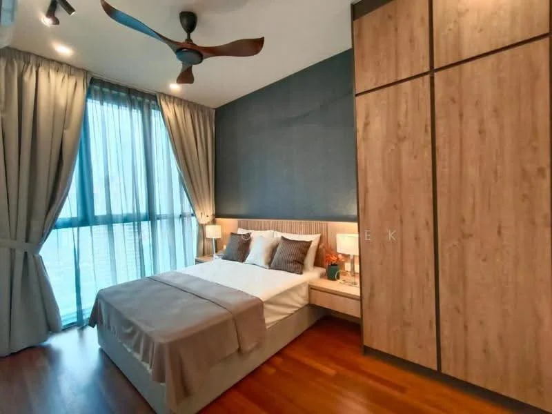 Bedroom features: king-size bed with beige bedding, upholstered headboard, 2 bedside lamps, built-in wardrobe with wooden finish, floor-to-ceiling windows, sheer curtains, wooden flooring, recessed downlights, ceiling fan with light, decorative wall with blue accent; style: modern; view: city.