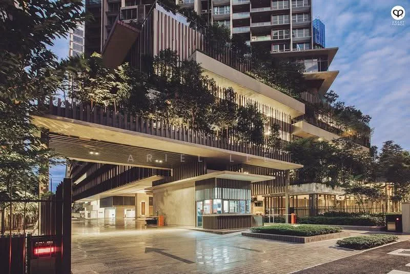 Exterior type: high-rise condominium; features: modern facade with vertical fins, glass curtain wall, landscaped entrance with greenery, manicured lawn, paved walkway, multiple levels with recessed balconies, security guard house at entrance, outdoor lighting, surrounded by mature trees; style: modern.