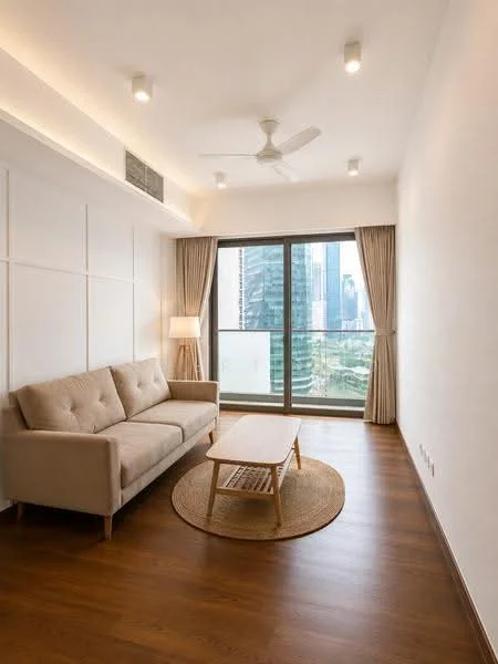 Living features: 3-seater fabric sofa in beige, wooden coffee table, area rug with circular shape, floor-to-ceiling windows, sheer curtains, ceiling fan, recessed downlights, wood flooring, white painted walls; style: modern; view: city.