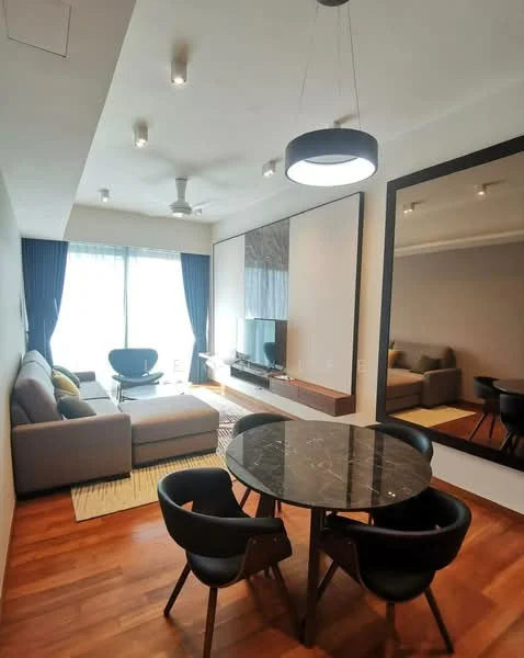 Living features: 3-seater fabric sofa in grey, 2-seater fabric sofa in grey, round marble dining table, 4 black dining chairs, floor-to-ceiling windows, sheer curtains, wooden flooring, ceiling fan, recessed downlights, large wall mirror, TV console, wall-mounted TV; style: modern; view: city.