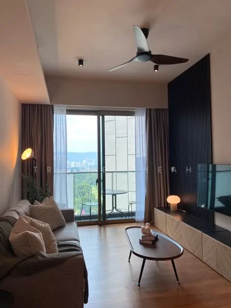Living features: 3-seater fabric sofa in light grey, wooden coffee table, wall-mounted TV, TV console with storage, floor-to-ceiling windows, sliding glass door, sheer curtains, dark accent wall with vertical slats, ceiling fan with light, decorative lamp, wooden flooring, potted plant; style: modern; view: city.