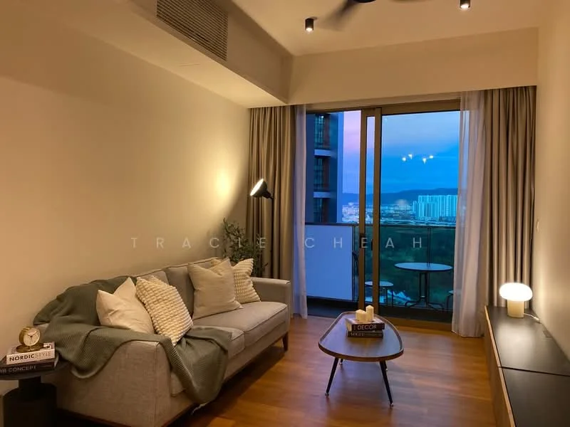 Living features: 3-seater fabric sofa in grey, decorative throw pillows, wooden coffee table, floor lamp, wall-mounted TV console, large sliding glass door, floor-to-ceiling curtains, wooden flooring, recessed downlights, ceiling fan with light, decorative table lamp; style: modern; view: city.