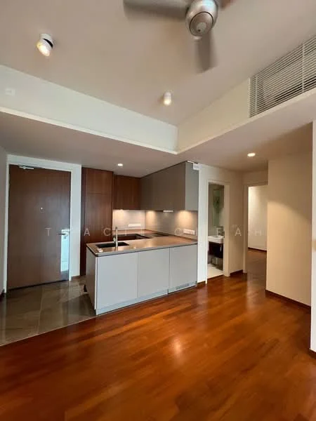 Kitchen features: island kitchen with seating, stainless-steel sink, chrome pull-down faucet, white cabinetry, wooden countertop, recessed downlights, 5-blade ceiling fan, tile flooring, open layout, wall-mounted cabinets, built-in oven, induction hob; style: modern. Room features: wooden flooring, white painted walls, door leading to hallway, light from ceiling fixtures.