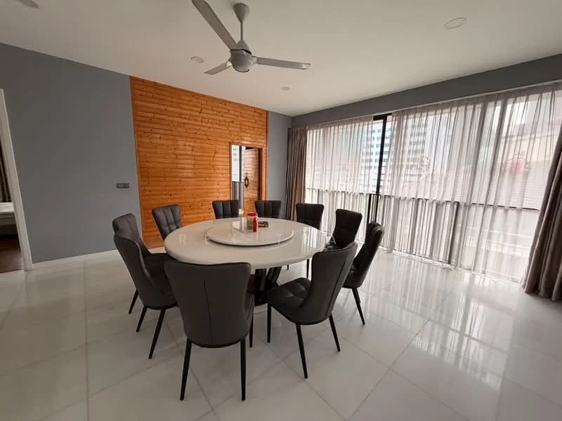 Dining features: round dining table, 10 upholstered dining chairs in grey, white marble flooring, grey painted walls, wood accent wall, floor-to-ceiling windows, sheer curtains, 5-blade ceiling fan with light; style: modern; view: city.