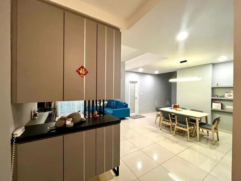 Room features: grey cabinetry, black countertop, white tiled flooring, dining table with chairs, pendant lighting, blue sofa, wall-mounted shelves, decorative wall art, white walls, recessed ceiling lights; style: modern.