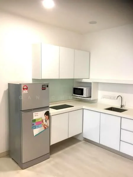 Kitchen features: white cabinetry, stainless-steel fridge, built-in microwave, single-bowl stainless-steel sink, chrome pull-down faucet, light-colored countertop, laminate flooring, recessed downlights; style: modern.
