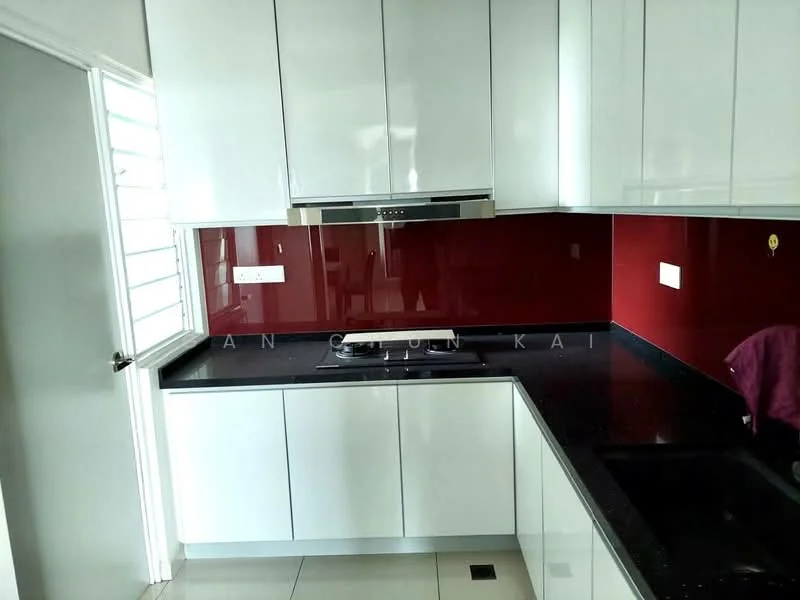 Kitchen features: white high-gloss cabinetry, black granite countertop, red glass backsplash, stainless-steel range hood, 4-burner gas hob, single-bowl stainless-steel sink, chrome pull-down faucet, tile flooring, window with horizontal slats, built-in oven, under-cabinet lighting; style: modern.