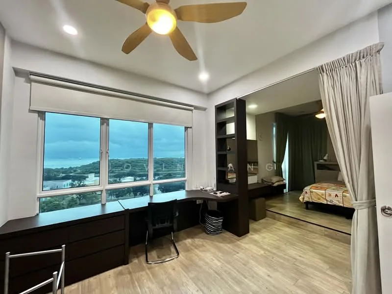 Bedroom features: floor-to-ceiling windows, wooden flooring, 5-blade ceiling fan with light, black desk with chair, built-in wardrobe, curtains, queen-size bed, decorative bedspread, study area, view of the sea; style: modern; view: sea.