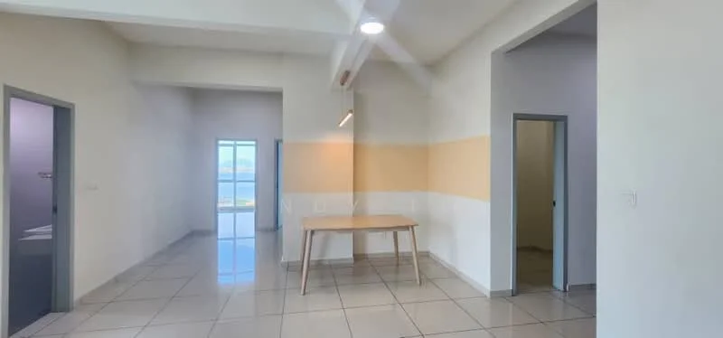 Room features: white painted walls, cream accent wall, tile flooring, sliding glass door, window with view, ceiling fan with light, recessed lighting, table, open layout; style: modern; view: city.
