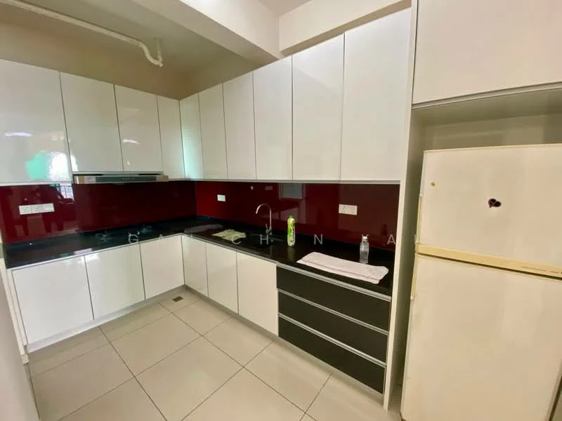 Kitchen features: white high-gloss cabinetry, black countertop, red tiled backsplash, stainless-steel sink, chrome faucet, built-in oven, 4-burner gas hob, freestanding fridge, ceramic tile flooring, under-cabinet lighting, wall-mounted cabinets, open shelving, kitchen towel on countertop; style: modern.