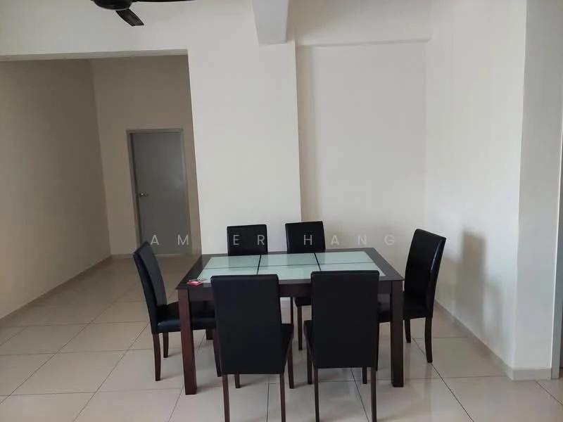 Dining features: 6-seater dining table with glass top, black upholstered dining chairs, cream painted walls, tile flooring, ceiling fan, door leading to another room; style: modern.