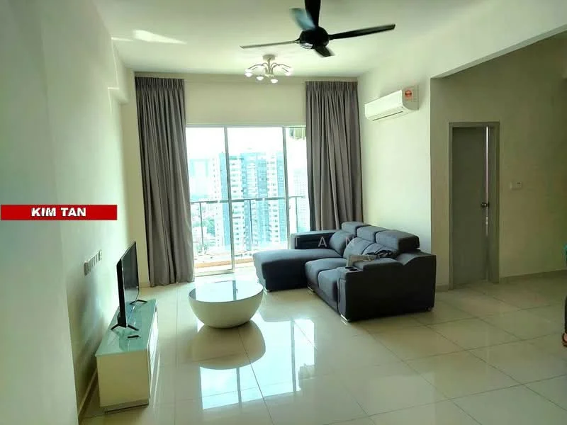 Living features: grey fabric L-shape sectional sofa, white round coffee table, wall-mounted TV, TV console, floor-to-ceiling windows, city view, cream painted walls, recessed downlights, 1 wall-mounted split AC, light-colored tiled flooring, curtains, ceiling fan; style: modern; view: city.