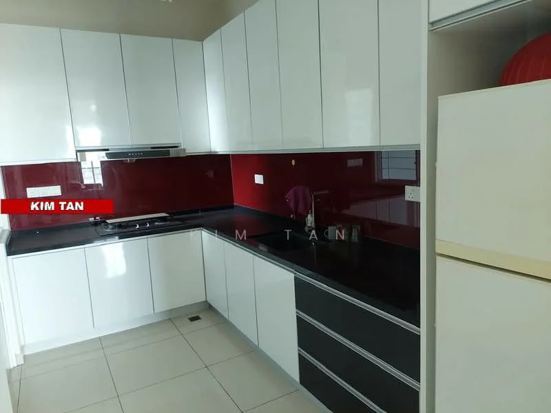 Kitchen features: white flat-panel cabinets, black granite countertop, red glass backsplash, stainless-steel built-in oven, 4-burner gas hob, stainless-steel range hood, single-bowl stainless-steel sink, chrome pull-down faucet, tile flooring, wall-mounted microwave, under-cabinet lighting; style: modern.
